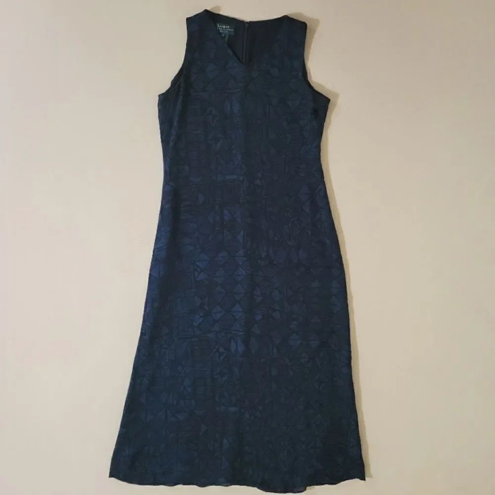Lauren Ralph Lauren Blue Black Batik Print Silk Maxi Sleeveless V-neck Dress